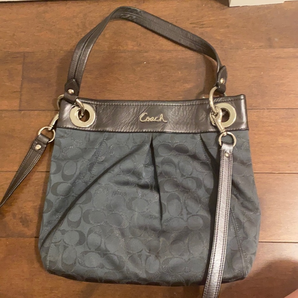 Coach slate gray handbag with detachable cross body strap.